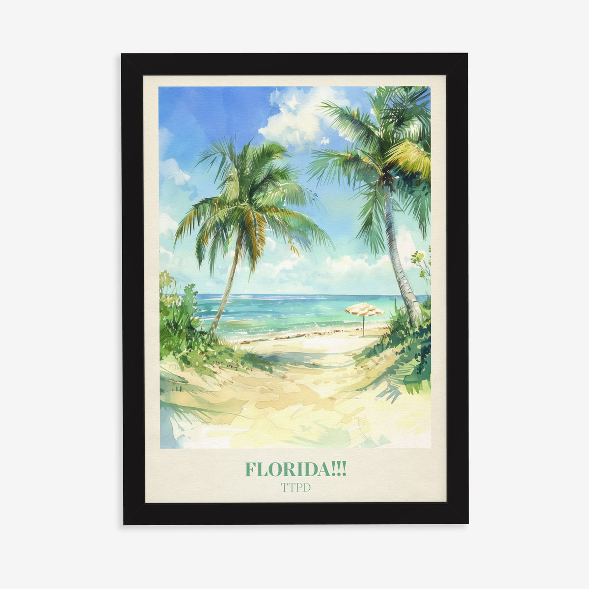 Florida!!! Taylor Swift print of palm trees over a sandy path to a turquoise sea, in a black frame on a plain wall