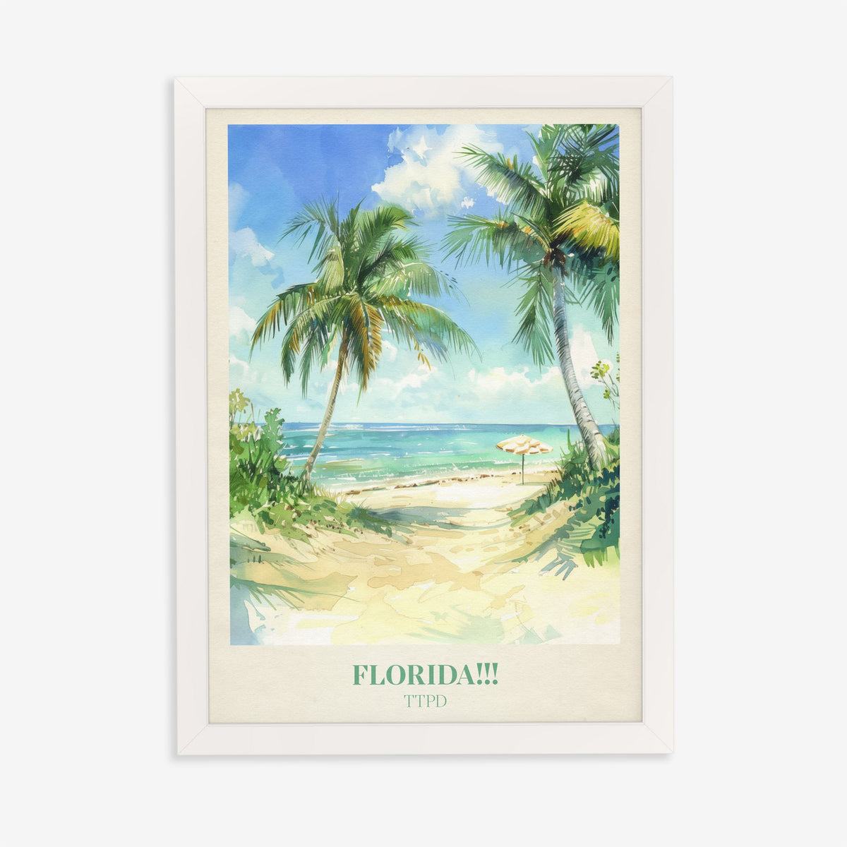 Florida!!! Taylor Swift print of palm trees over a sandy path to a turquoise sea, in a white frame on a plain wall