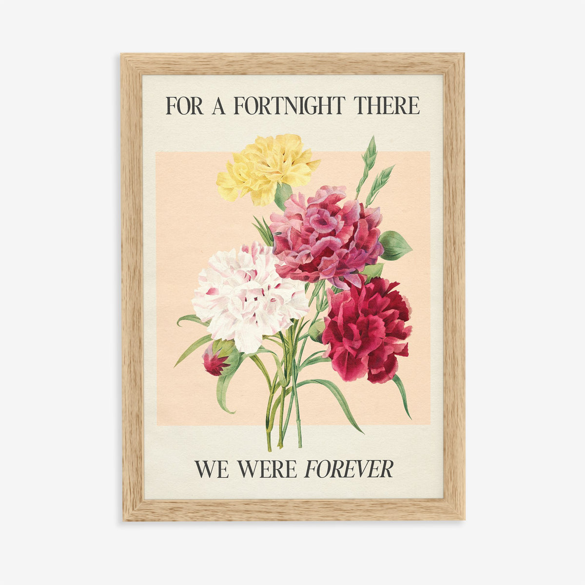 Fortnight Botanical Taylor Swift print of pink, red, white and yellow carnations on peach, in an oak frame on a plain wall