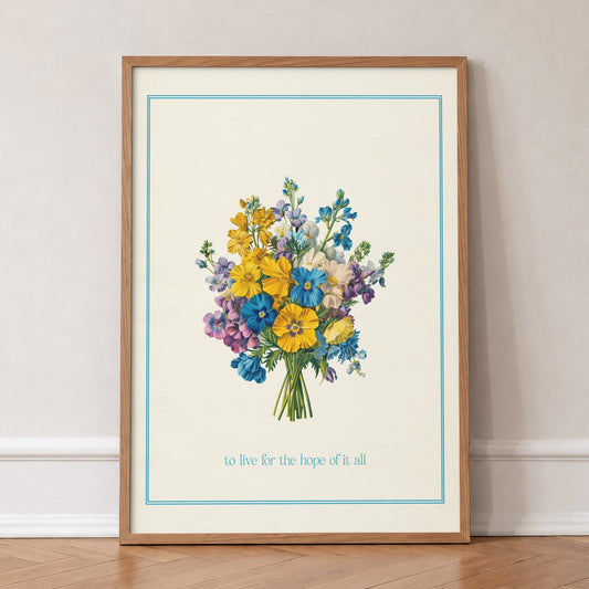 For The Hope Of It All Bouquet Taylor Swift print of a yellow and blue bouquet, in an oak frame, leaning against a wall on a herringbone floor