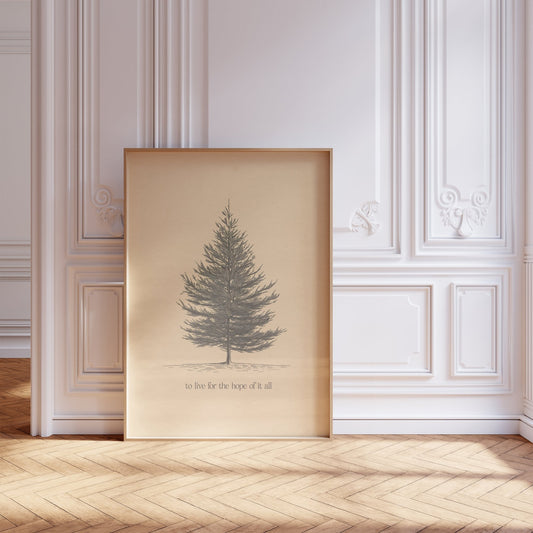 For The Hope Of It All Minimal Taylor Swift print of a pencil-drawn pine tree on cream, framed, leaning against a white panelled wall
