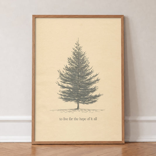 For The Hope Of It All Minimal Taylor Swift print of a pencil-drawn pine tree on cream, in an oak frame, leaning against a wall on a herringbone floor