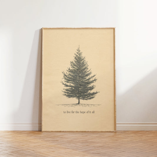 For The Hope Of It All Minimal Taylor Swift print of a pencil-drawn pine tree on cream, framed, leaning against a white wall