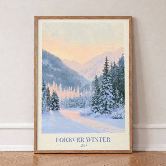 Forever Winter Taylor Swift print of snowy pines in a mountain valley, in an oak frame, leaning against a wall on a herringbone floor