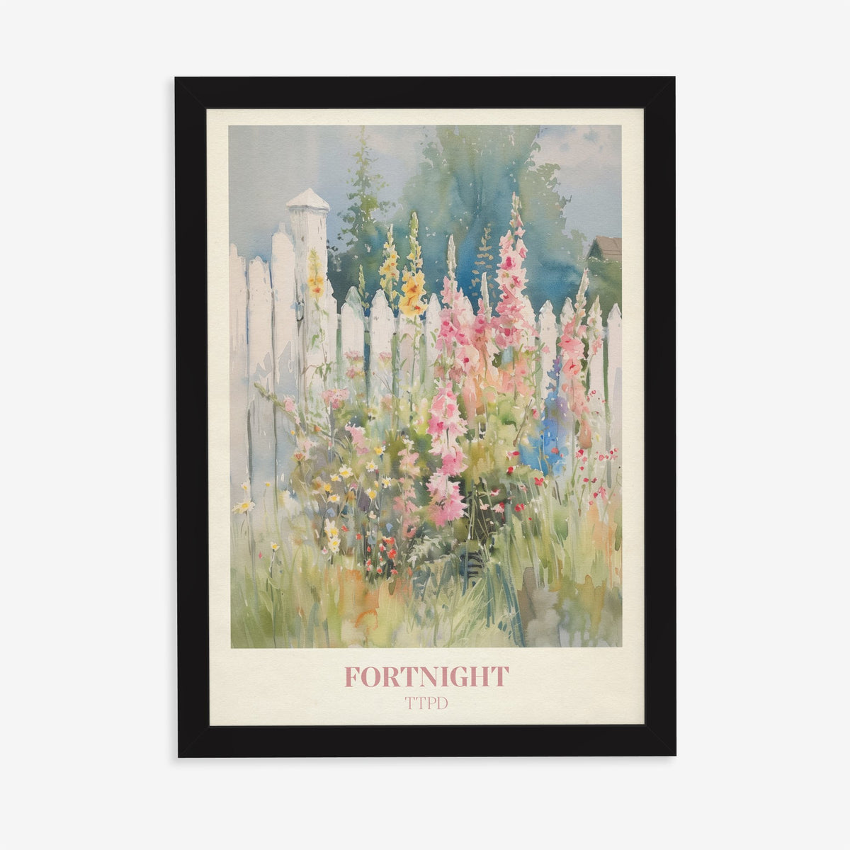 Fortnight Taylor Swift print of hollyhocks and wildflowers by a white picket fence, in a black frame on a plain wall