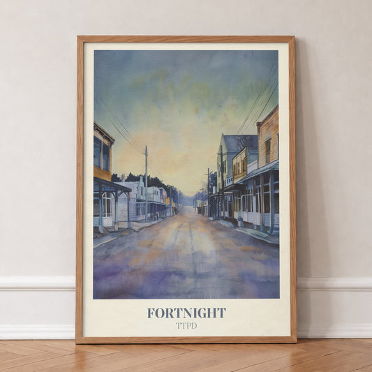 Fortnight Main Street Taylor Swift print of an empty small-town main street at dusk, in an oak frame, leaning against a wall on a herringbone floor