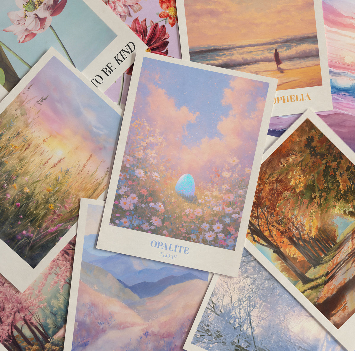 Flat lay of Taylor Swift inspired art prints, with Opalite in the centre