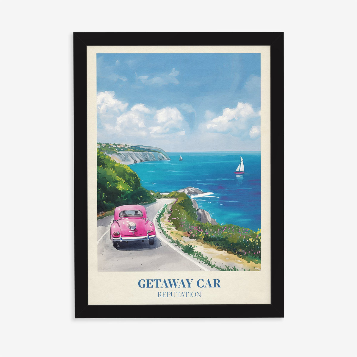Getaway Car Taylor Swift print of a pink car on a coastal road above a turquoise sea, in a black frame on a plain wall