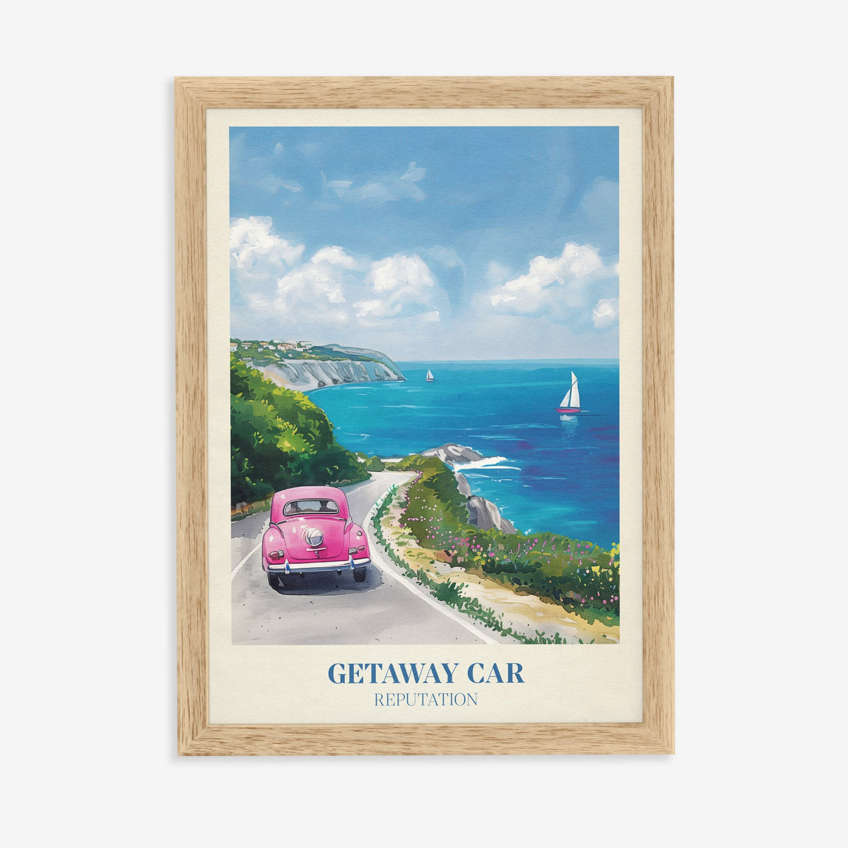 Getaway Car Taylor Swift print of a pink car on a coastal road above a turquoise sea, in an oak frame on a plain wall