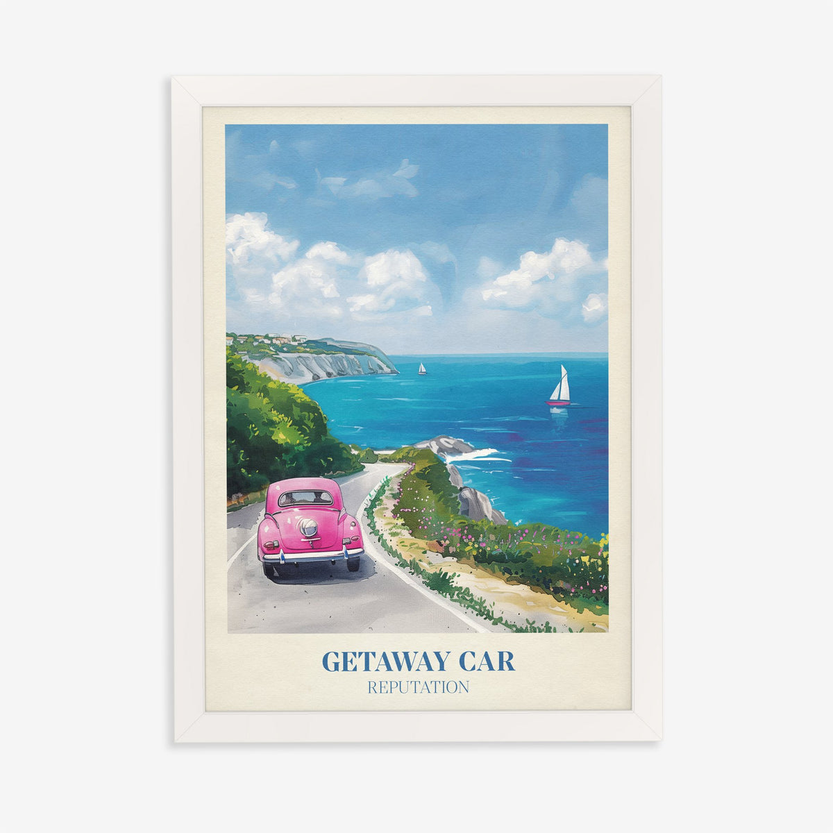 Getaway Car Taylor Swift print of a pink car on a coastal road above a turquoise sea, in a white frame on a plain wall