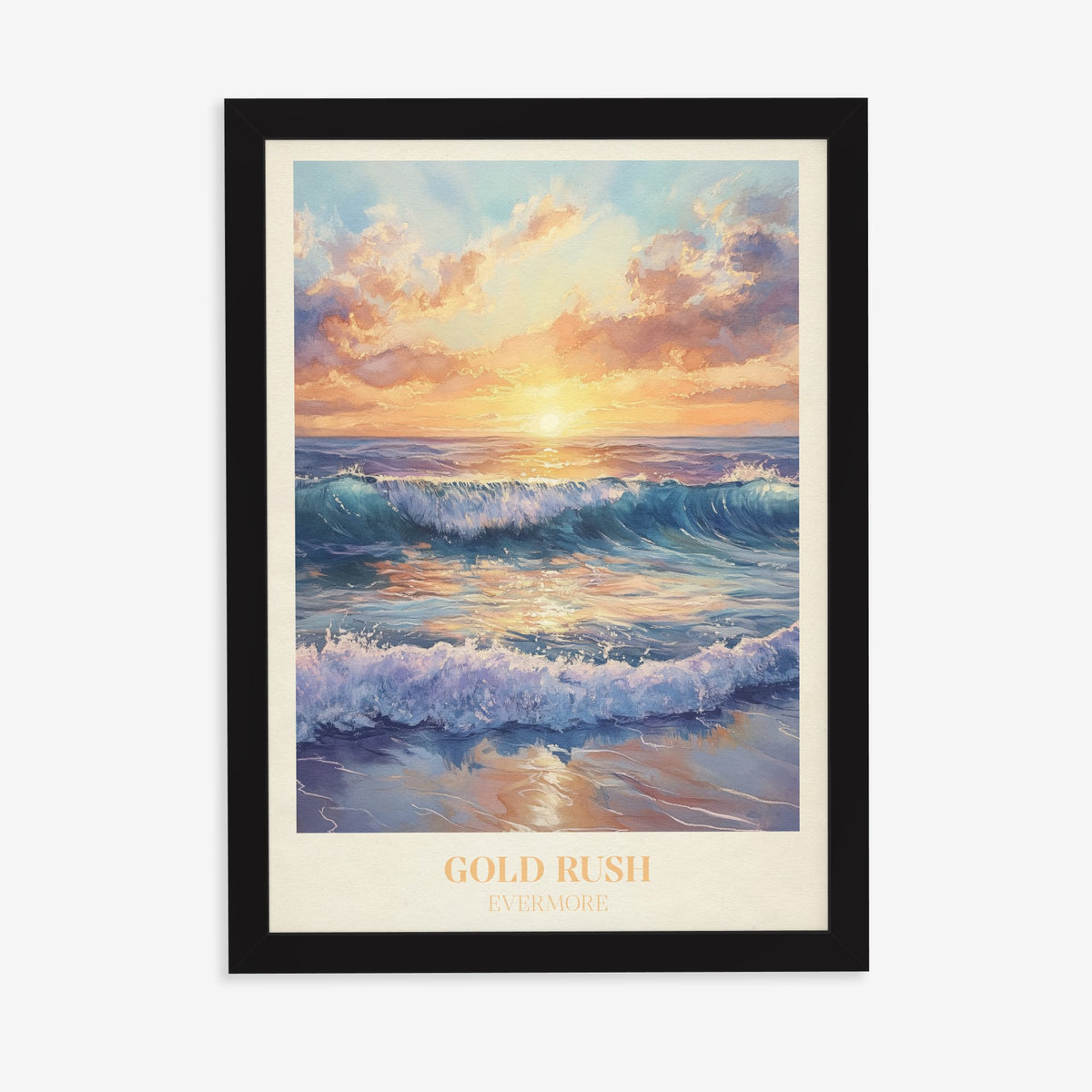 Gold Rush Taylor Swift print of waves breaking on a beach under a golden sunset, in a black frame on a plain wall