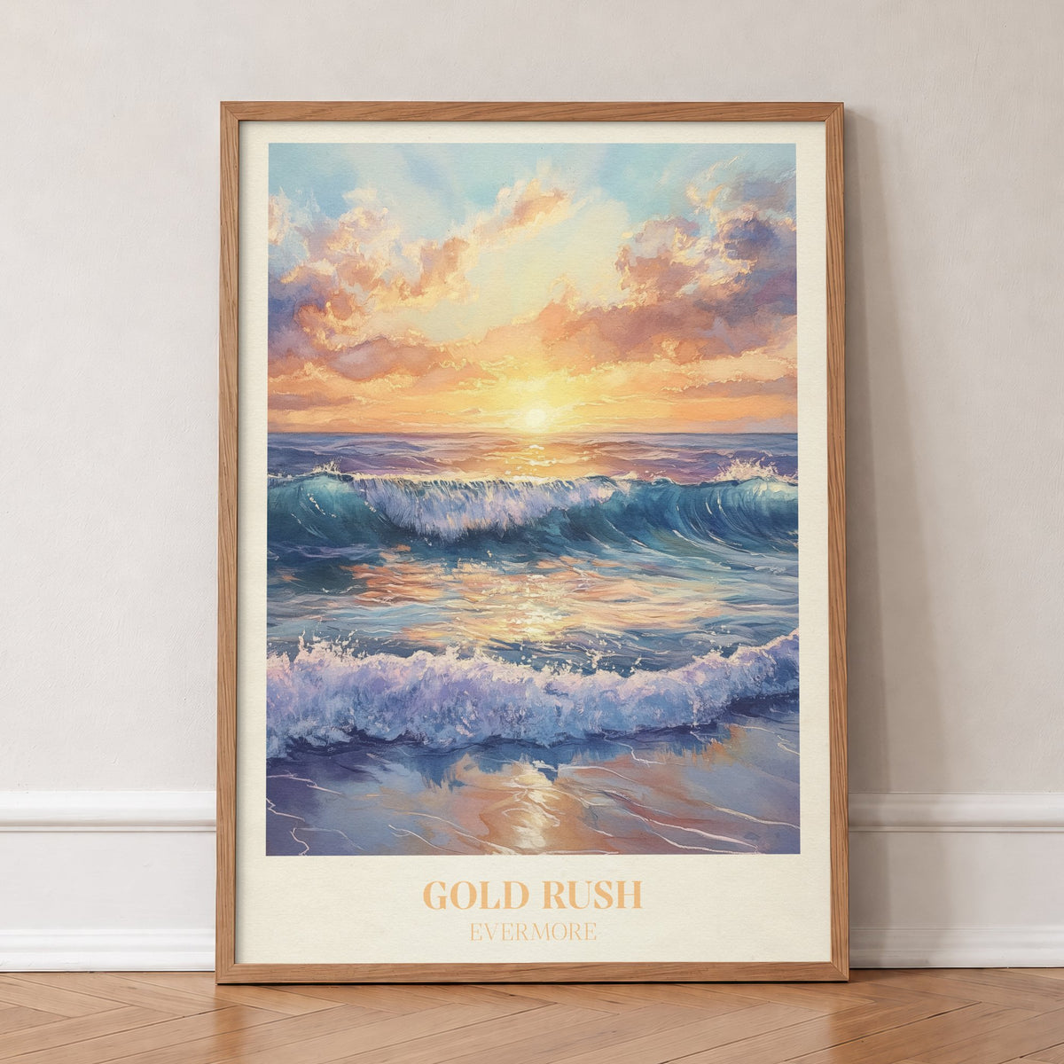 Gold Rush Taylor Swift print of waves breaking on a beach under a golden sunset, in an oak frame, leaning against a wall on a herringbone floor