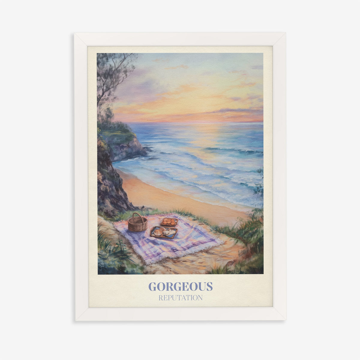 Gorgeous Taylor Swift print of a picnic blanket and basket on a clifftop above the sea at sunset, in a white frame on a plain wall