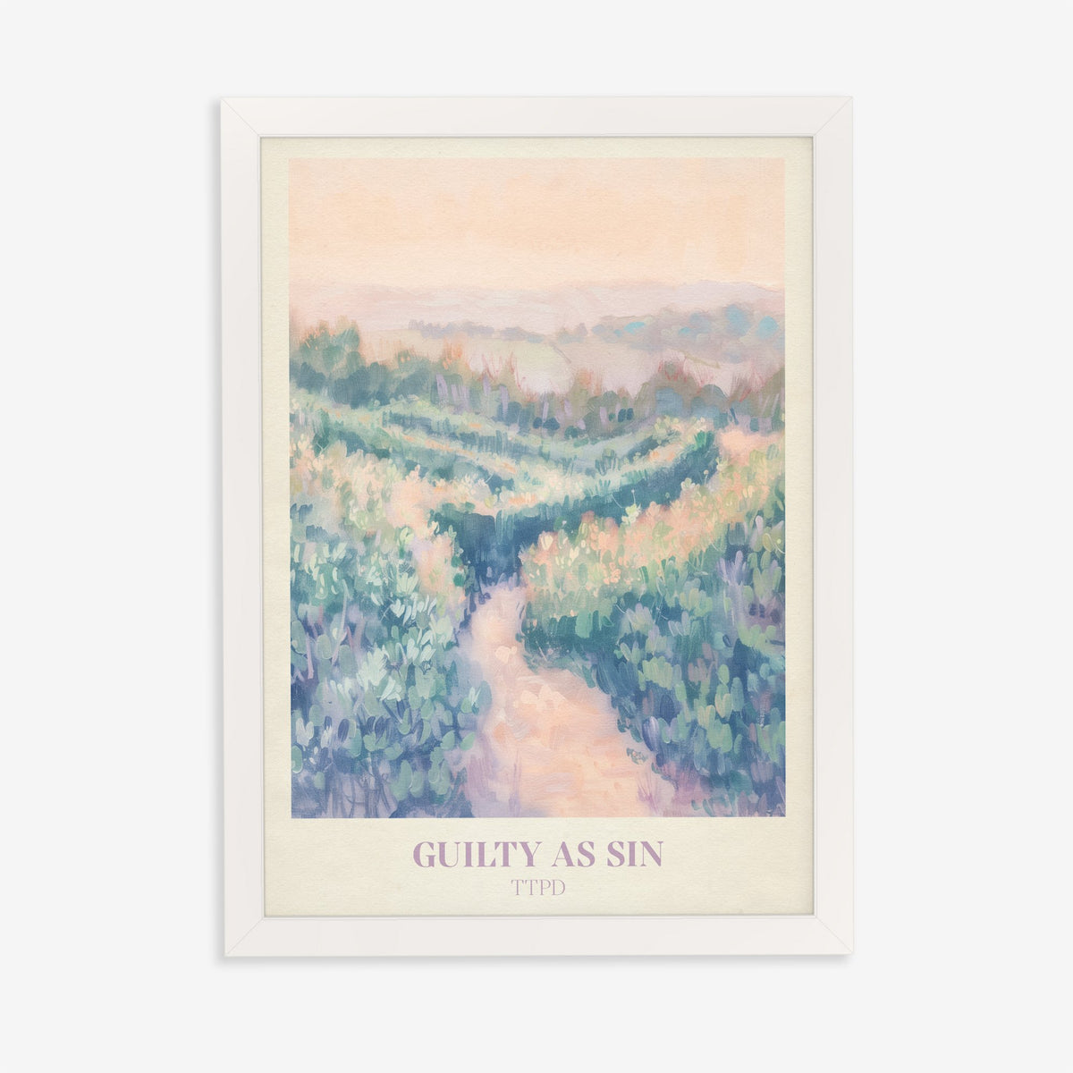 Guilty As Sin Taylor Swift print of a winding path through pastel green hills under a peach sky, in a white frame on a plain wall