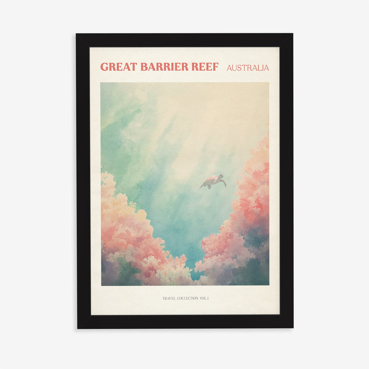 Great Barrier Reef travel print of a sea turtle swimming above pink coral in turquoise water, in a black frame on a plain wall