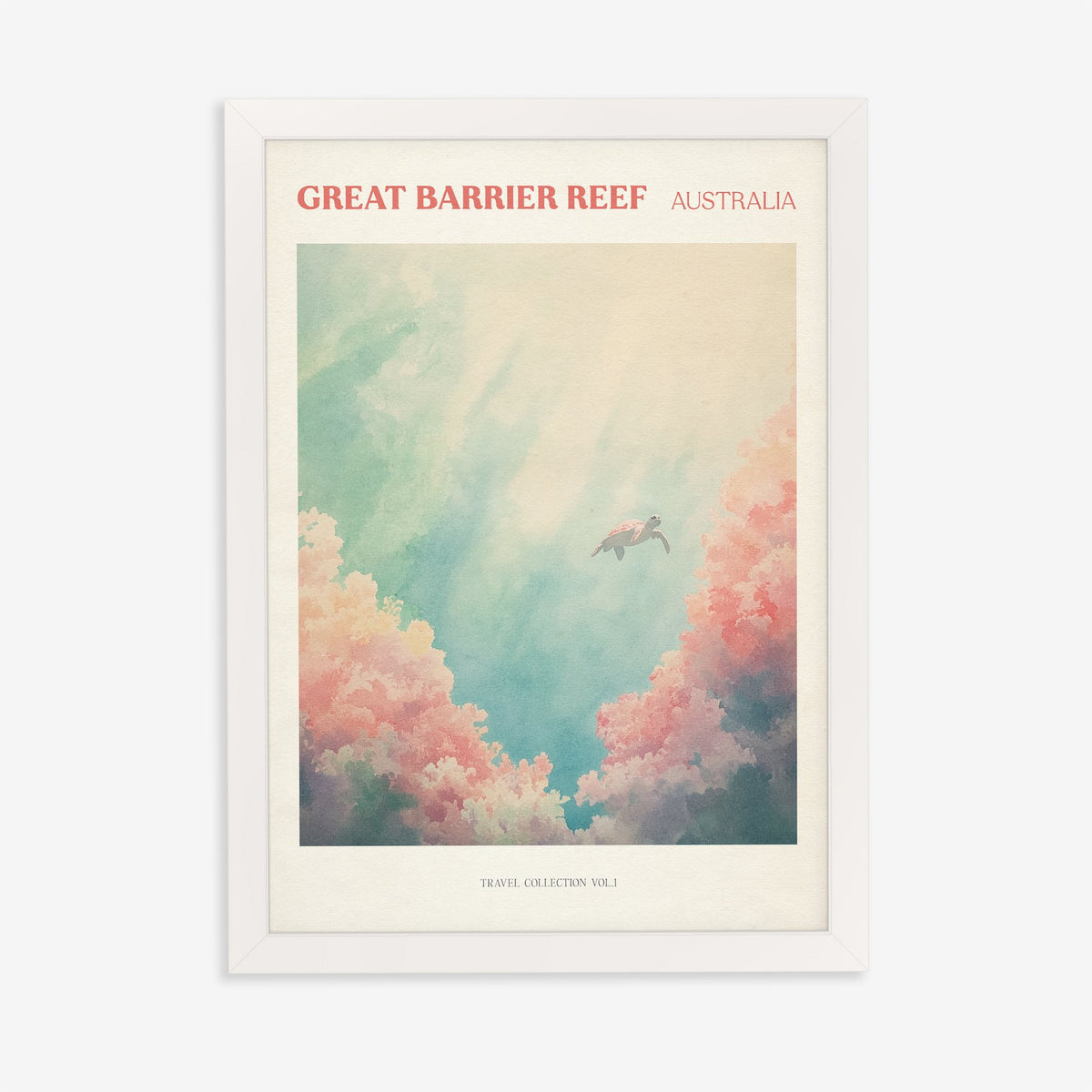 Great Barrier Reef travel print of a sea turtle swimming above pink coral in turquoise water, in a white frame on a plain wall