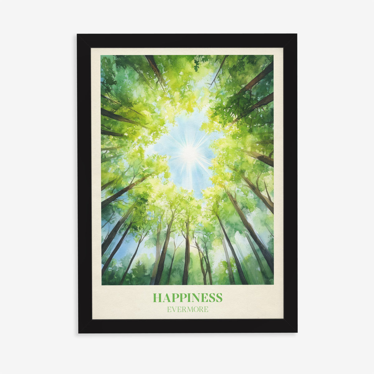Happiness Taylor Swift print of a view up through green treetops to the sun, in a black frame on a plain wall