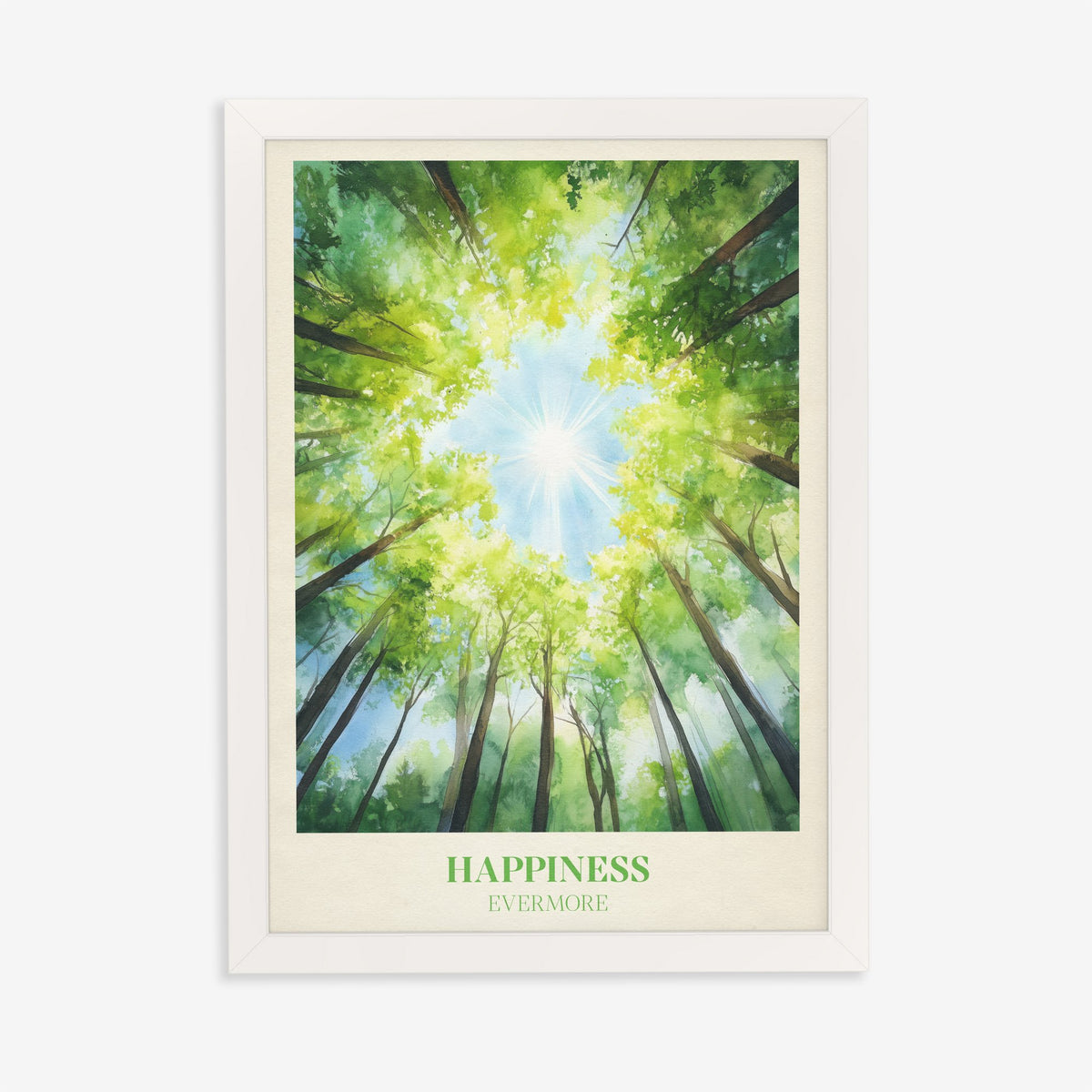 Happiness Taylor Swift print of a view up through green treetops to the sun, in a white frame on a plain wall