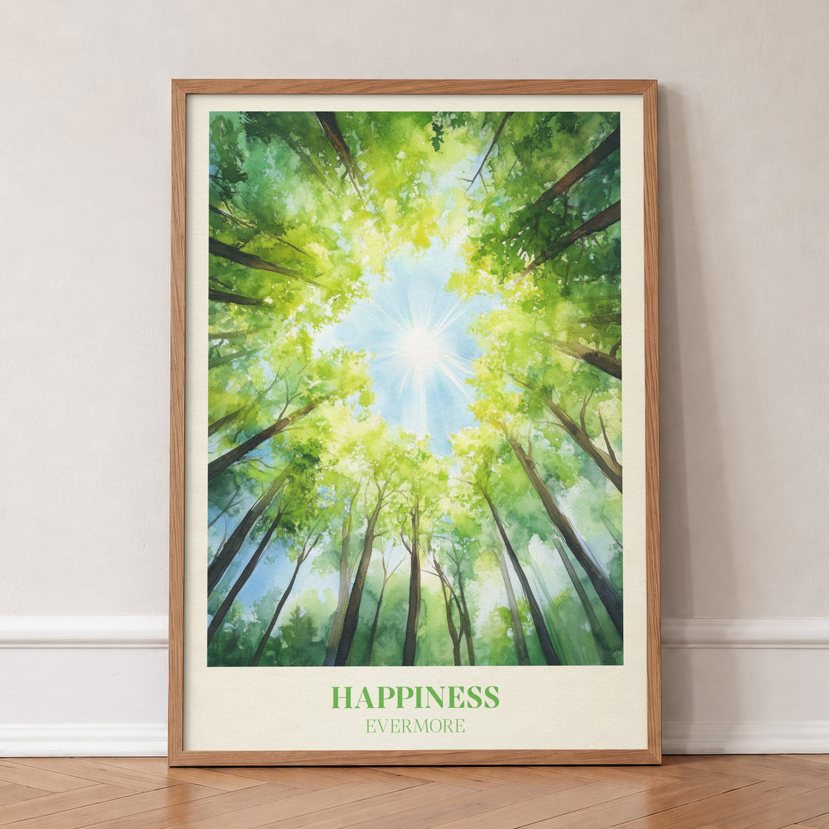 Happiness Taylor Swift print of a view up through green treetops to the sun, in an oak frame, leaning against a wall on a herringbone floor