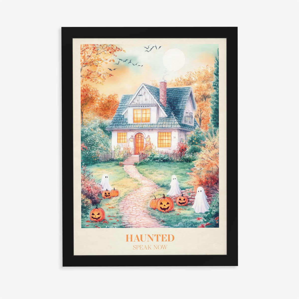 Haunted Taylor Swift print of a cottage with friendly ghosts and jack-o-lanterns on the lawn, in a black frame on a plain wall