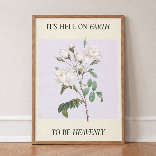 Hell On Earth To Be Heavenly - Clara Bow Taylor Swift print of white roses on soft lilac, in an oak frame, leaning against a wall on a herringbone floor