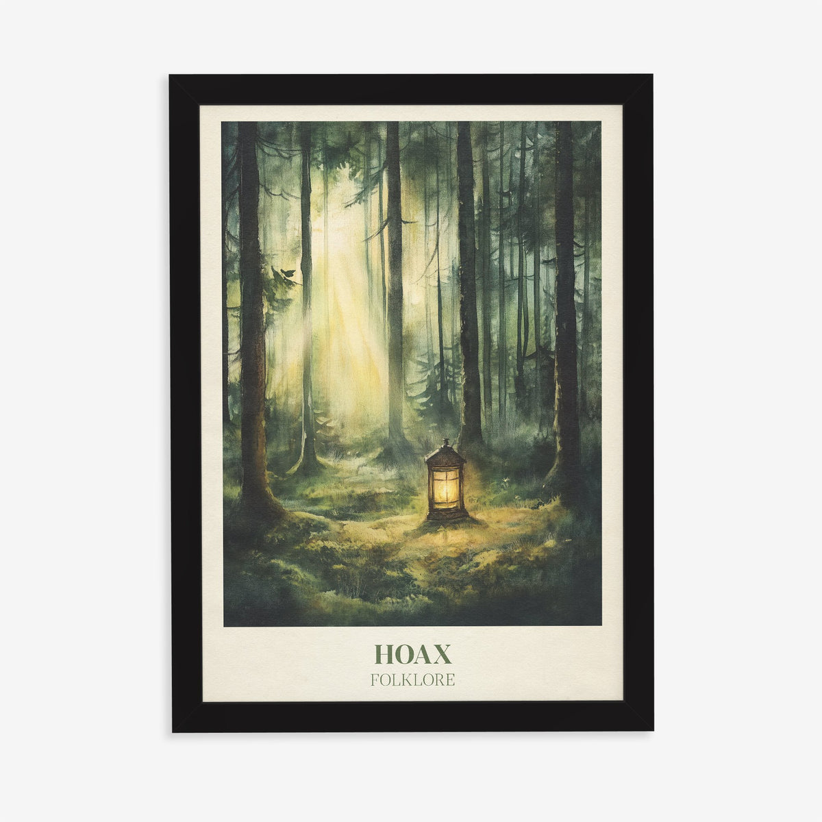 Hoax Taylor Swift print of a glowing lantern on the floor of a misty pine forest, in a black frame on a plain wall