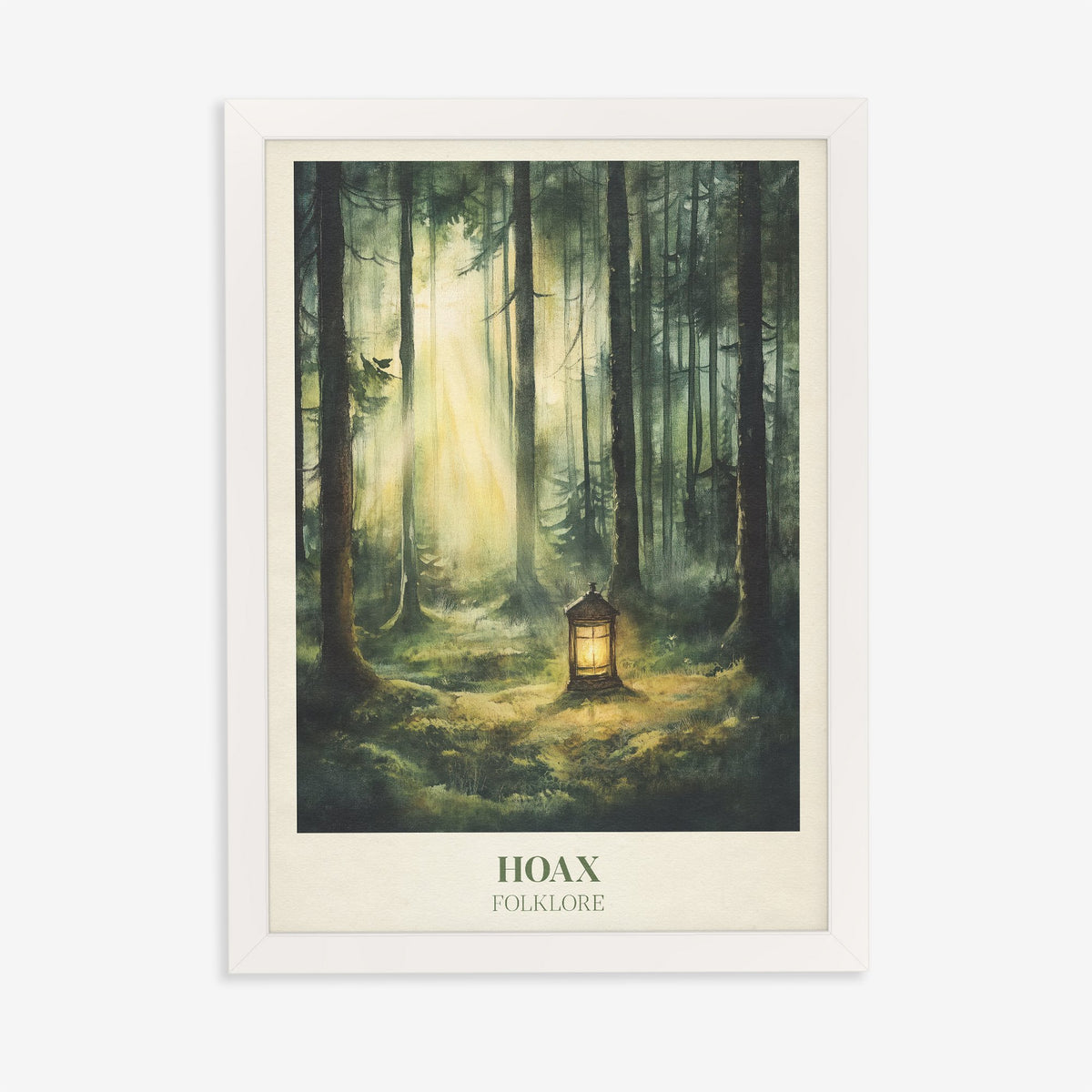 Hoax Taylor Swift print of a glowing lantern on the floor of a misty pine forest, in a white frame on a plain wall
