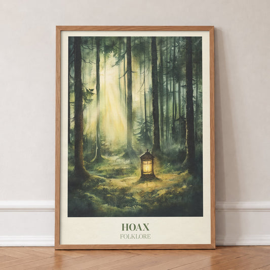 Hoax Taylor Swift print of a glowing lantern on the floor of a misty pine forest, in an oak frame, leaning against a wall on a herringbone floor