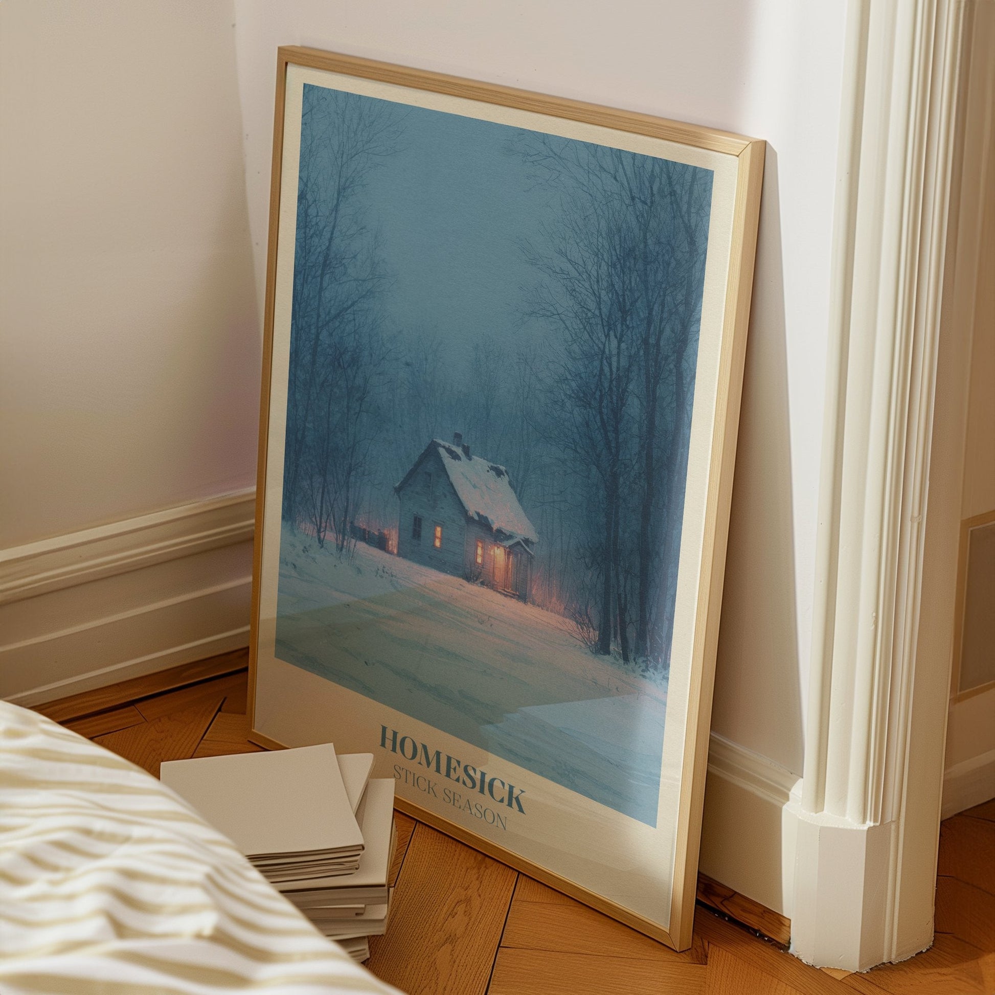 Homesick lyric wall art print inspired by Noah Kahan on a bedroom floor, leaning against a white wall