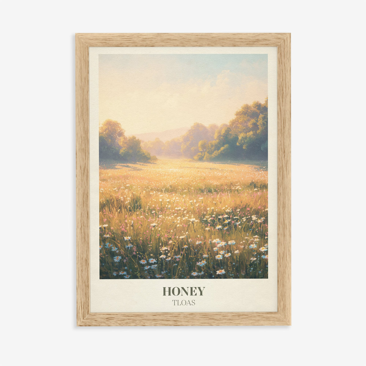 Honey Taylor Swift print of a wildflower meadow in warm golden light, in an oak frame on a plain wall