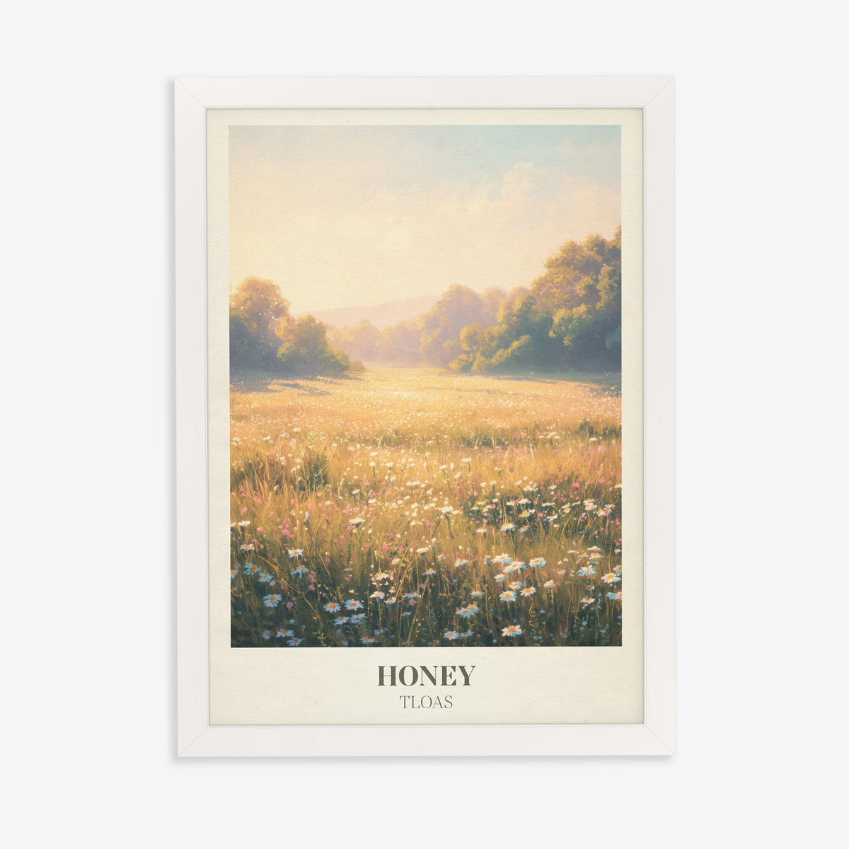 Honey Taylor Swift print of a wildflower meadow in warm golden light, in a white frame on a plain wall