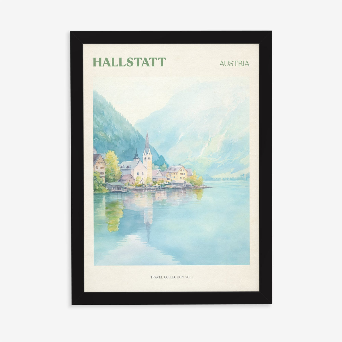 Hallstatt travel print of the lakeside village and church spire reflected in a still lake, in a black frame on a plain wall
