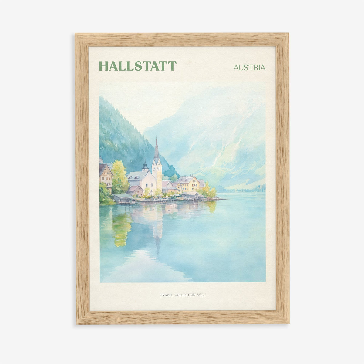 Hallstatt travel print of the lakeside village and church spire reflected in a still lake, in an oak frame on a plain wall
