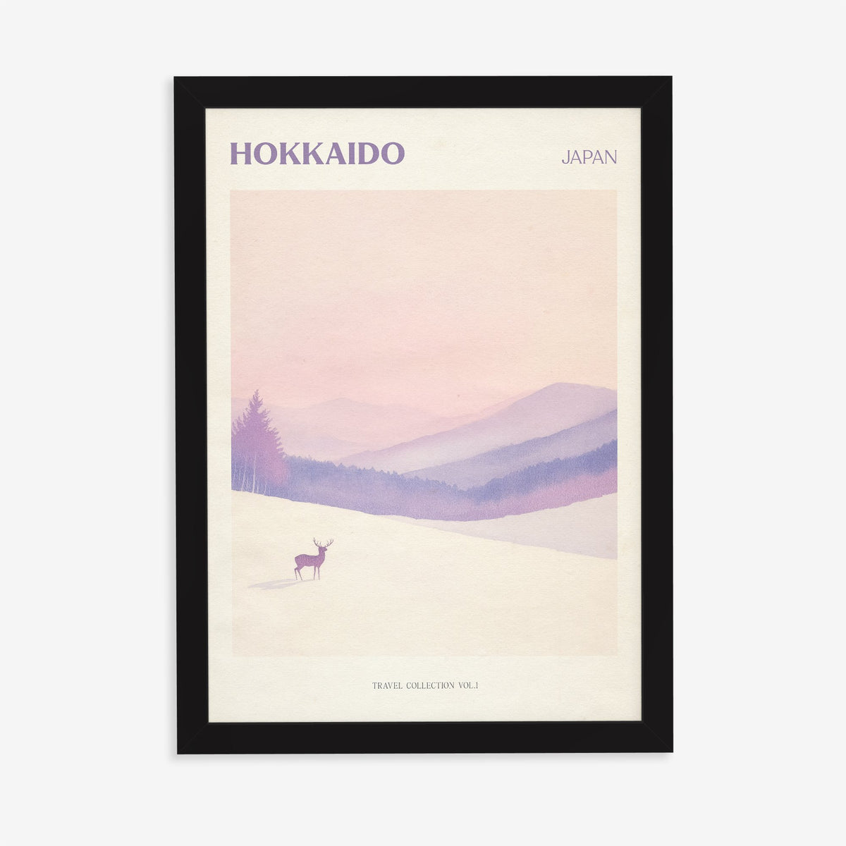 Hokkaido travel print of a lone deer in deep snow below soft pink and lilac hills, in a black frame on a plain wall