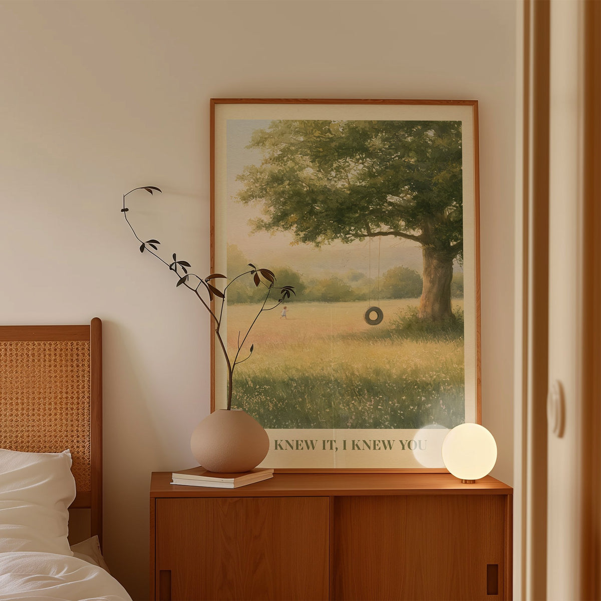 I Knew It, I Knew You Taylor Swift print of a tyre swing on an old oak, leaning on a wooden sideboard in a Scandi bedroom