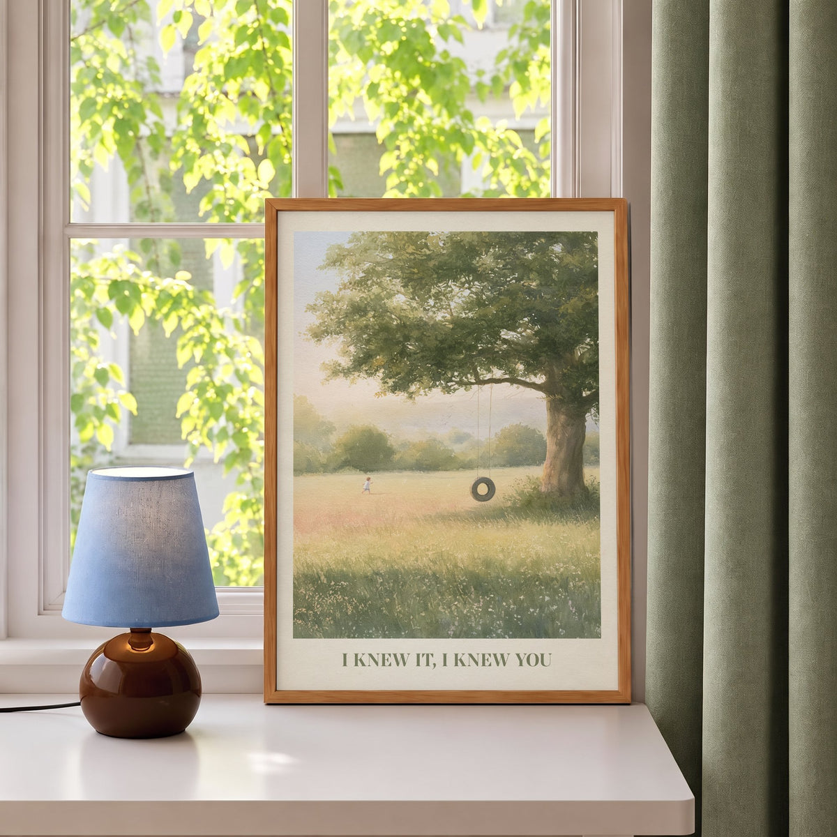 I Knew It, I Knew You Taylor Swift print of a tyre swing on an old oak, leaning on a windowsill beside a blue lamp