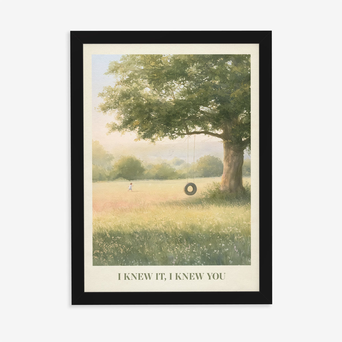 I Knew It, I Knew You Taylor Swift print of a tyre swing on an old oak, in a black frame on a plain wall