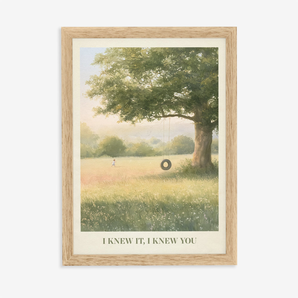 I Knew It, I Knew You Taylor Swift print of a tyre swing on an old oak, in an oak frame on a plain wall