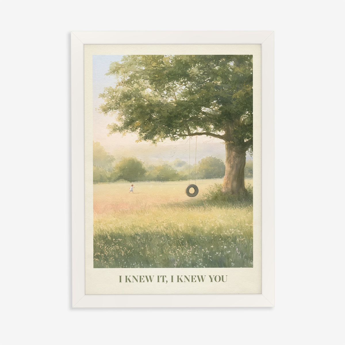 I Knew It, I Knew You Taylor Swift print of a tyre swing on an old oak, in a white frame on a plain wall