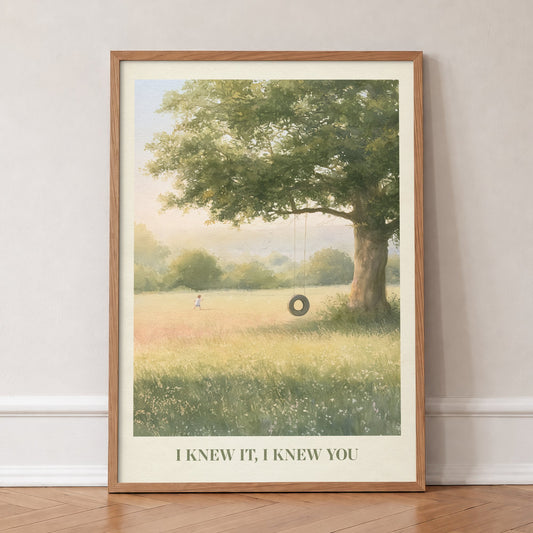 I Knew It, I Knew You Taylor Swift print of a tyre swing on an old oak, in an oak frame, leaning against a wall on a herringbone floor