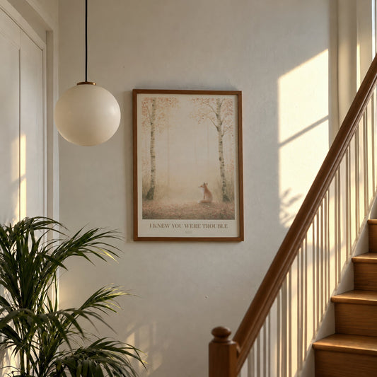 I Knew You Were Trouble Taylor Swift print of a fox in a birch wood, hung on a sunlit stair landing