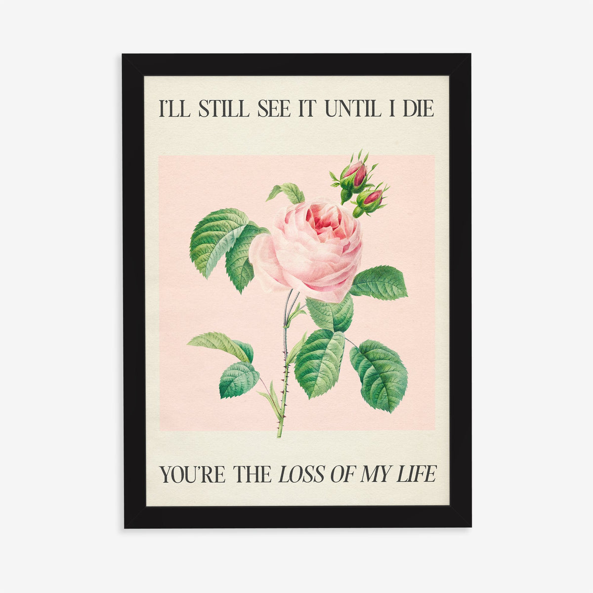 I’ll Still See It - LOML Taylor Swift print of a soft pink rose with rosebuds on blush pink, in a black frame on a plain wall