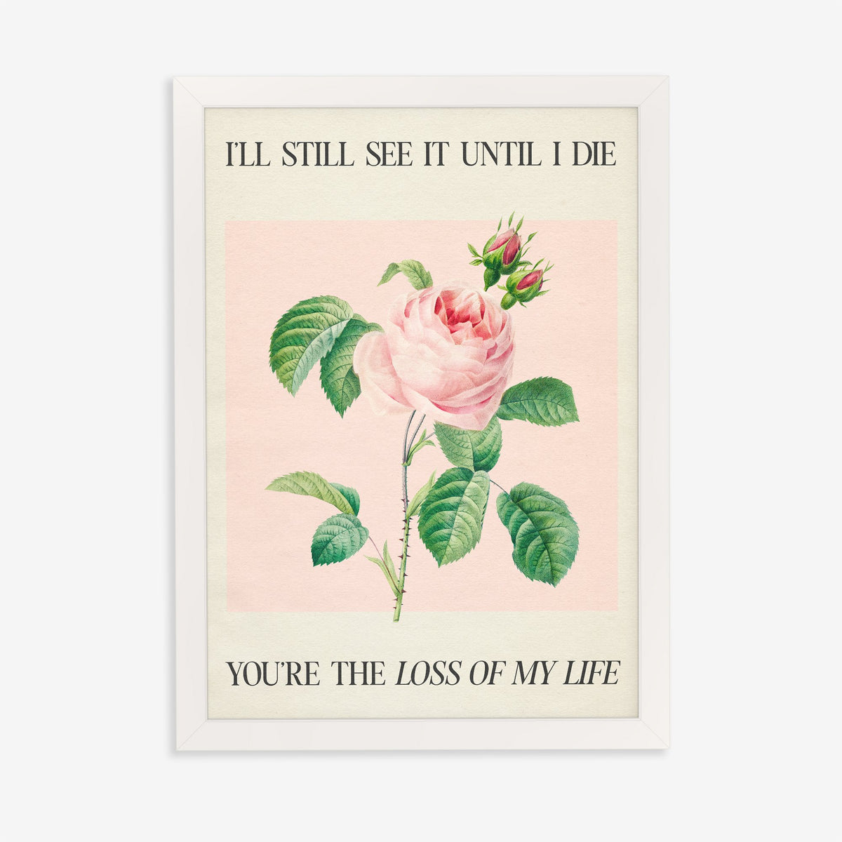 I’ll Still See It - LOML Taylor Swift print of a soft pink rose with rosebuds on blush pink, in a white frame on a plain wall