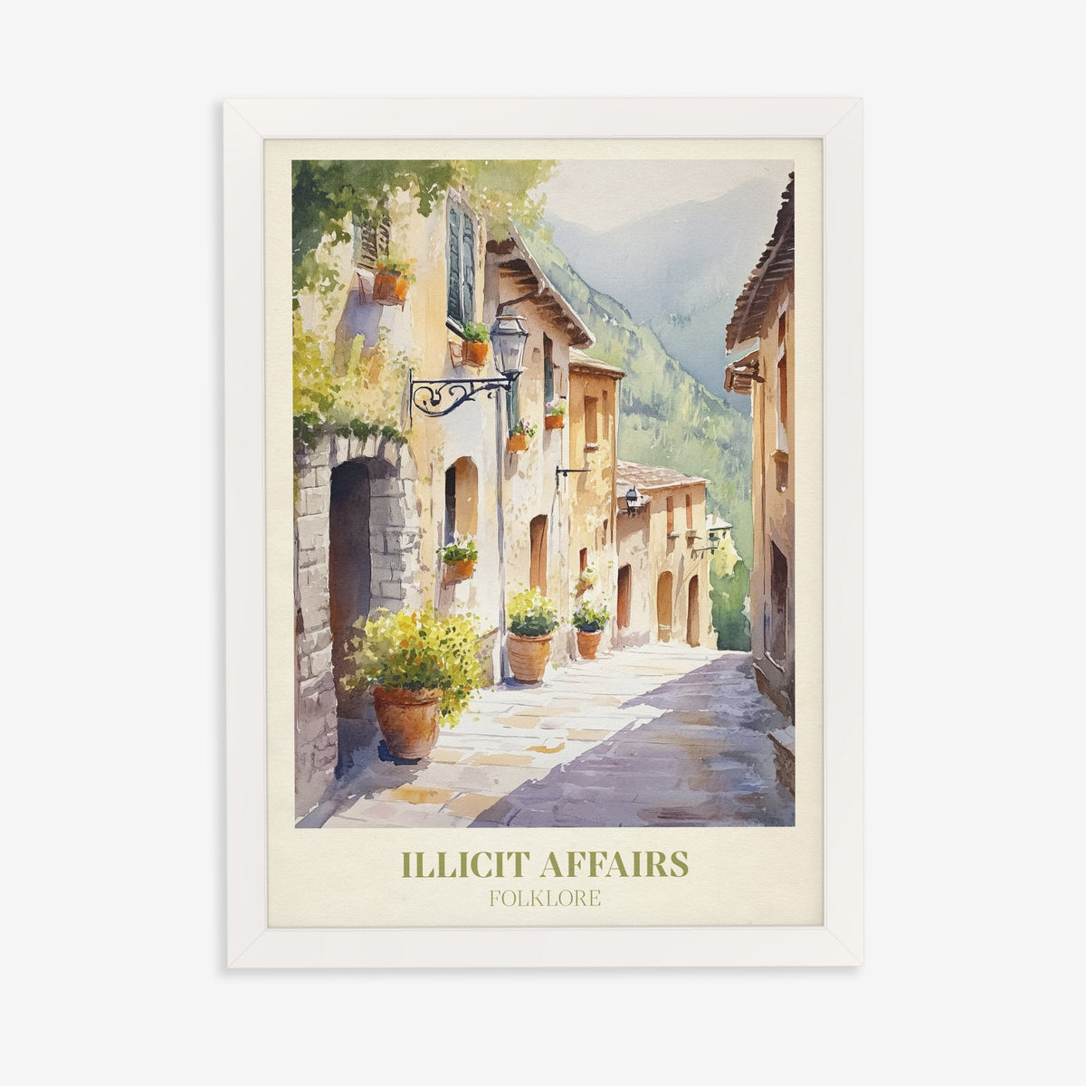 Illicit Affairs Taylor Swift print of a cobbled lane of stone houses and flowerpots, in a white frame on a plain wall