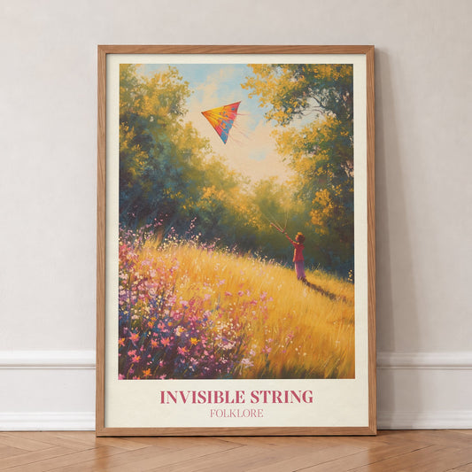 Invisible String Taylor Swift print of a child flying a rainbow kite in a meadow, in an oak frame, leaning against a wall on a herringbone floor