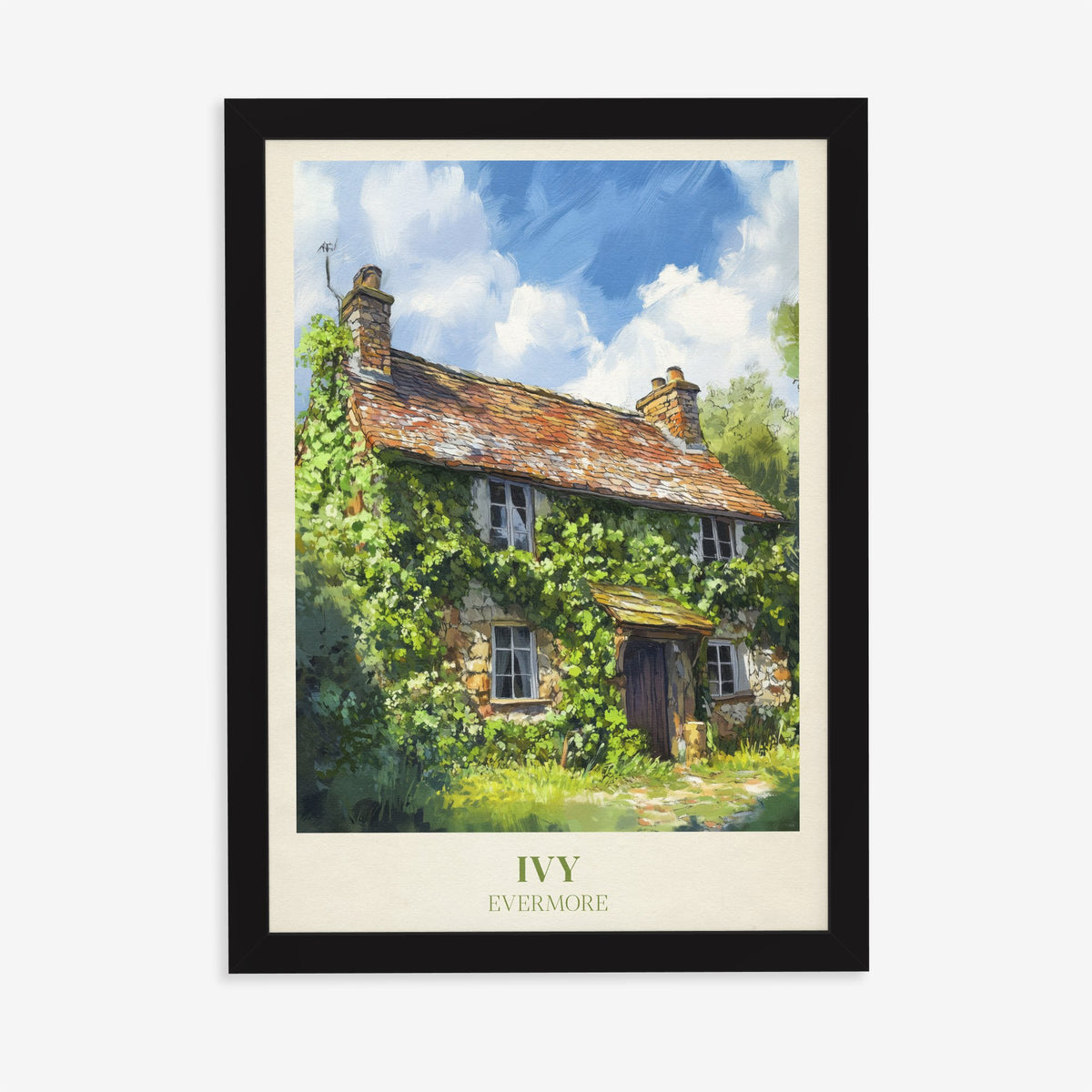 Ivy Taylor Swift print of an ivy-covered stone cottage under a blue sky, in a black frame on a plain wall