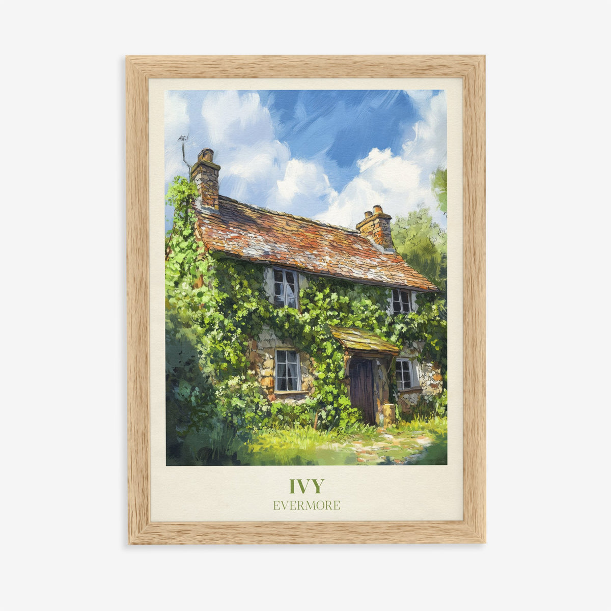 Ivy Taylor Swift print of an ivy-covered stone cottage under a blue sky, in an oak frame on a plain wall
