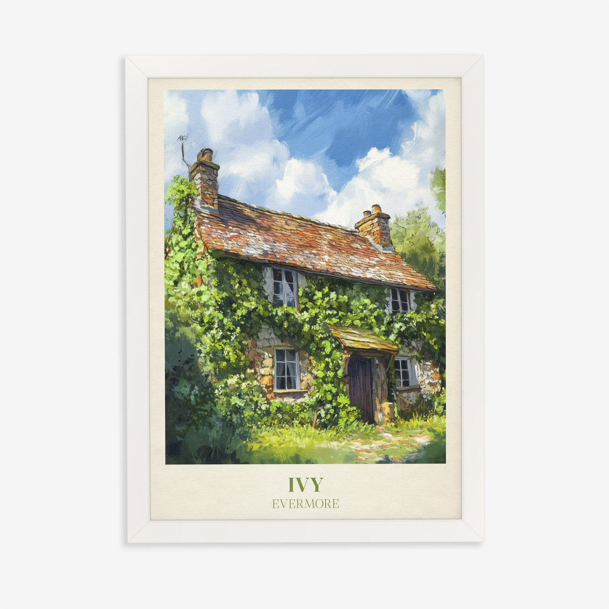 Ivy Taylor Swift print of an ivy-covered stone cottage under a blue sky, in a white frame on a plain wall