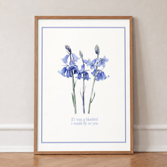 If I Was A Bluebird Harry Styles lyric print of blue bellflowers on white, in an oak frame, leaning against a wall on a herringbone floor