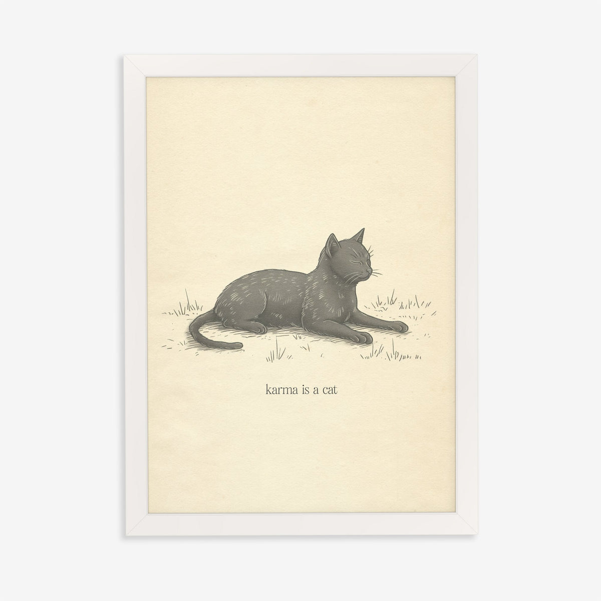 Karma Is A Cat Minimal Taylor Swift print of a sketch of a grey cat dozing in grass, in a white frame on a plain wall